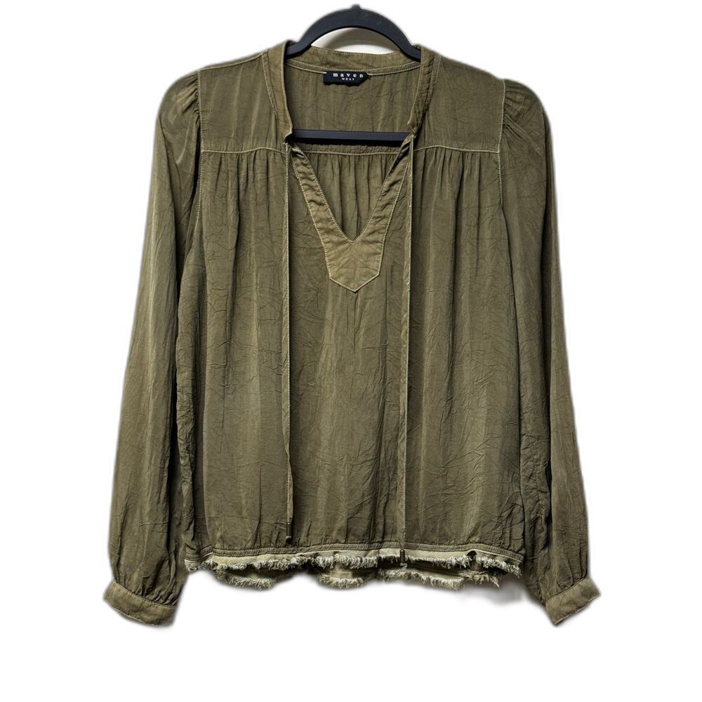 MAVEN WEST Long Sleeve Peasant Top, Olive Green, Cupro, Sz M*